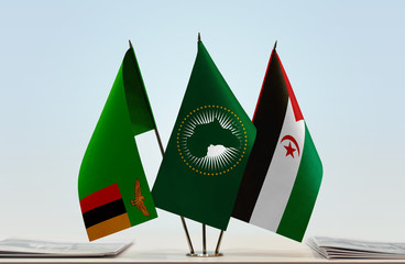 Flags of Zambia African Union and Sahrawi Arab Democratic Republic