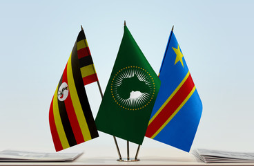 Flags of Uganda African Union and Democratic Republic of the Congo (DRC, DROC, Congo-Kinshasa)