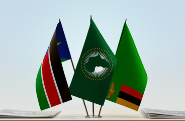 Flags of South Sudan African Union and Zambia