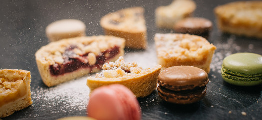 Cookies Festive Background Cakes Macaroons Powder Sugar