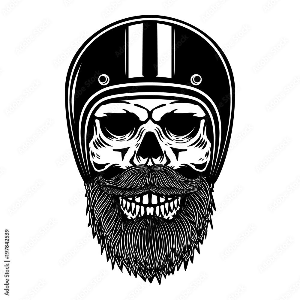 Wall mural illustration of bearded skull in racer helmet. design element for logo, label, emblem, badge, poster