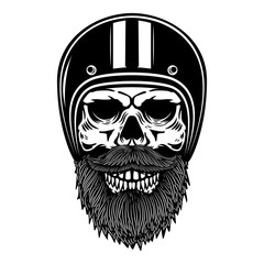 Illustration of bearded skull in racer helmet. Design element for logo, label, emblem, badge, poster, t shirt.