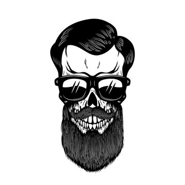 Bearded skull in sun glasses. Design element for poster, t shirt, card.