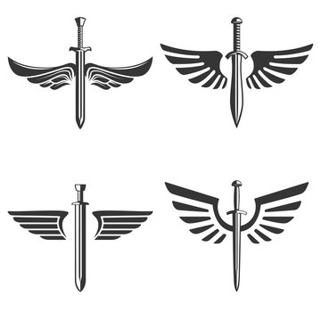 Set of emblems with medieval sword and wings. Design element for logo, label, emblem, sign.