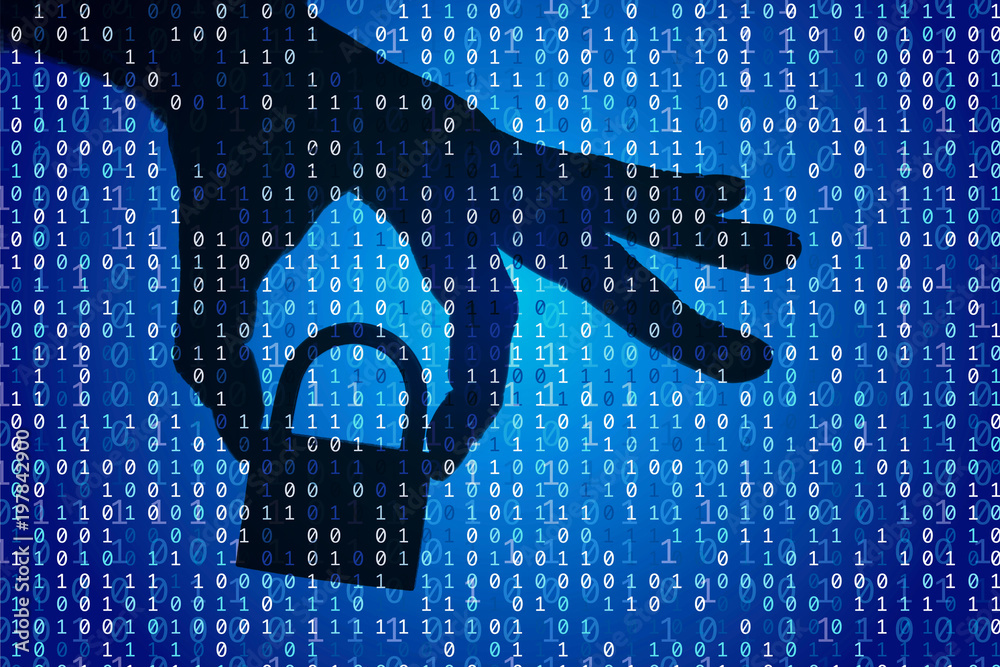 Poster silhouette of a hand holding a padlock with binary digital code. security and privacy.