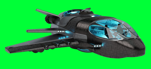 Futuristic spacecraft isolated on green background 3D rendering