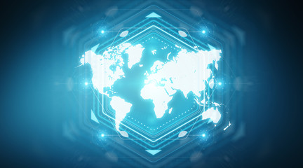 Digital world map screen interface 3D rendering