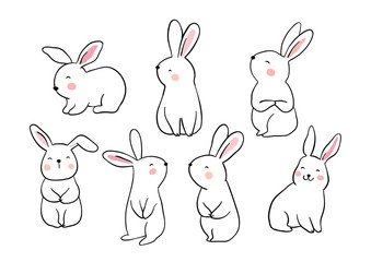 Draw vector illustration set character design of cute rabbit Doodle style