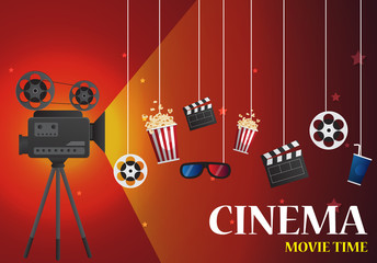 Movie cinema poster design. Vector template banner for show with seats, popcorn, tickets