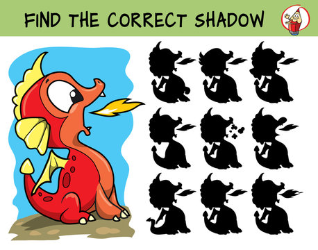 Cute newborn baby dragon. Find the correct shadow. Educational matching game for children. Cartoon vector illustration