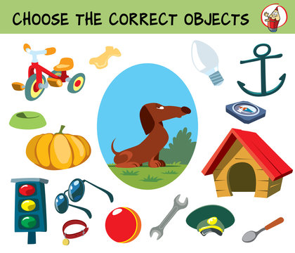 Choose the correct objects for dog. Educational matching game for children. Cartoon vector illustration