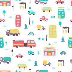 Seamless pattern with hand drawn city print. Cartoon skyscraper, cars, trees, traffic light. Vector illustration. Perfect for kids fabric, textile, nursery wallpaper.