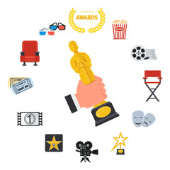 Set of cinema icons. Flat vector cartoon illustration. Objects isolated on a white background.