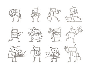 Sketch robot set alien character with business mail search money. Different situations. Hand drawn black line vector illustration.