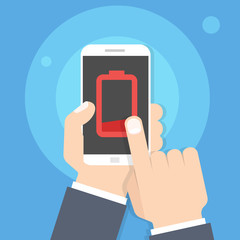 Low battery smartphone in hand. Flat style vector illustration.