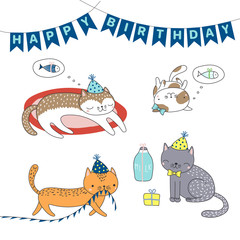 Collection of hand drawn cute funny cartoon cats in party hats, with presents, typography. Isolated objects on white background. Vector illustration. Design concept for children, birthday celebration.