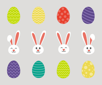Easter decorations - set of bunnies and eggs. Vector.