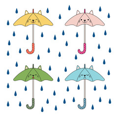 Hand drawn vector illustration of a kawaii funny umbrellas with cat ears, under the rian. Isolated objects on white background. Line drawing. Design concept for rainy season children print.