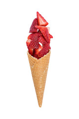 Waffle ice cream cone with fresh strawberry fruits