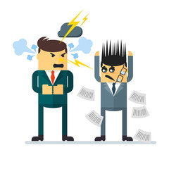 Quarrel, conflict in office. Scandal between boss and subordinate. Flat vector cartoon character illustration. Objects isolated on white background.