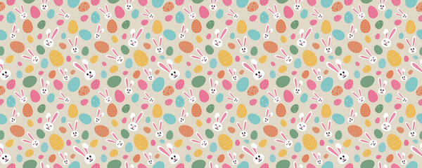 Concept of Easter wallpaper with bunnies and eggs - seamless background. Vector.