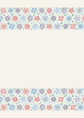 Cute background with colourful hand drawn flowers and copyspace. Spring, Mother's Day, Woman's Day and birthday party. Vector.