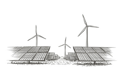 Alternative sources of energy (wind, solar) hand drawn sketch. Vector.