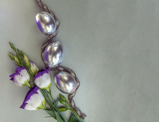Prairie Gentian and silver eggs with beaded silver necklace, Easter