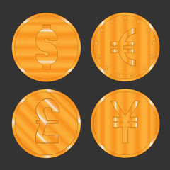 coins of most popular world currency dollar, euro, pound and yen