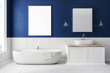 Modern blue bathroom with blank banner