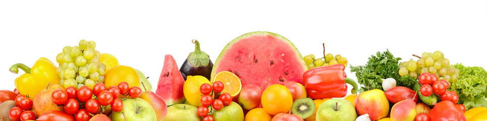 Collection fresh fruits and vegetables isolated on white background. Panoramic collage.