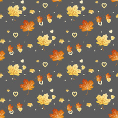 Vector seamless pattern with colorful autumn leaves and heart . Various red, orange and yellow leaves on light grey background. Modern leaf texture
