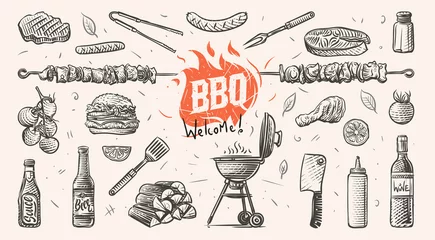 Photo sur Plexiglas Pour lui Illustration dessinée à la main de choses liées au barbecue. Vecteur.