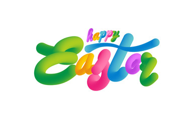 Obraz premium Handwriting inscription Happy Easter. Template vector card. Floral paints. Lettering, calligraphy.