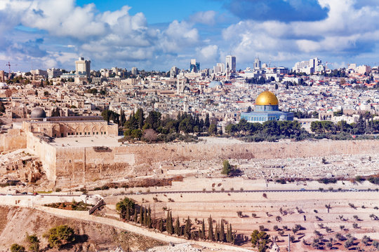 Jerusalem old city panorama at sunny day