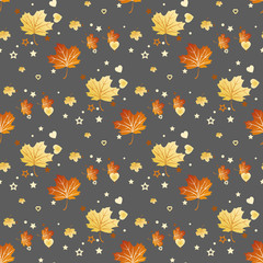 Vector seamless pattern with colorful autumn leaves, stars and heart . Various red, orange and yellow leaves on light grey background. Modern leaf texture