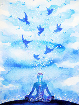 meditation human, flying birds abstract mind illustration watercolor painting design hand drawn