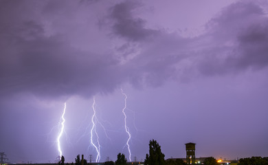 Lightning flash over a city lectricity blast storm
