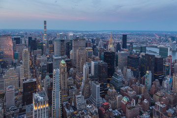 Aerial view of Manhattan at night, New York.