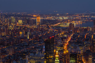 Aerial view of Manhattan at night, New York.