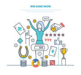 Girl winning of game, concept success, fortune, hight level erudition.