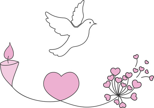 Une colombe blanche avec une bougie, un coeur et une fleur pour illustrer la commémoration, la paix et l'amour