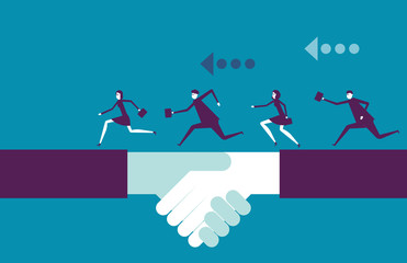 Business teamwork people running on handshake. Vector illustration leader business concept.