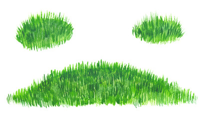 Template background with bright green meadow and two extra patches of grass painted in watercolor on clean white background - obrazy, fototapety, plakaty