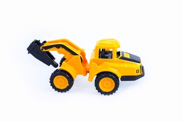 Toy construction vehicles Excavator industrial machine doing construction new road earthworks on white background