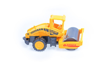 Toy construction vehicles Excavator industrial machine doing construction new road earthworks on white background