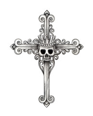 Art Vintage mix Skull Cross.Hand pencil drawing on paper.