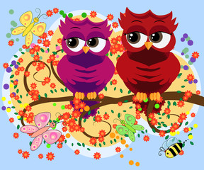 A family of colorful, bright, lovely cartoon owls on the branches of flowering trees. Moms, dads, children. Card