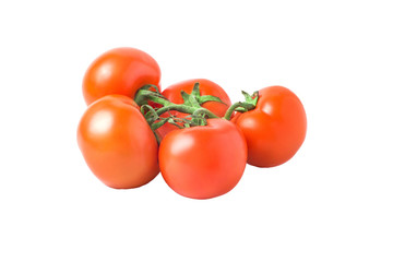 fresh tomatoes with green leaves isolated on white background