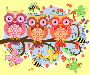 Bright, cartoonish, flirtatious, loving owls on the flowering branches of a tree. Spring, summer, girlfriends